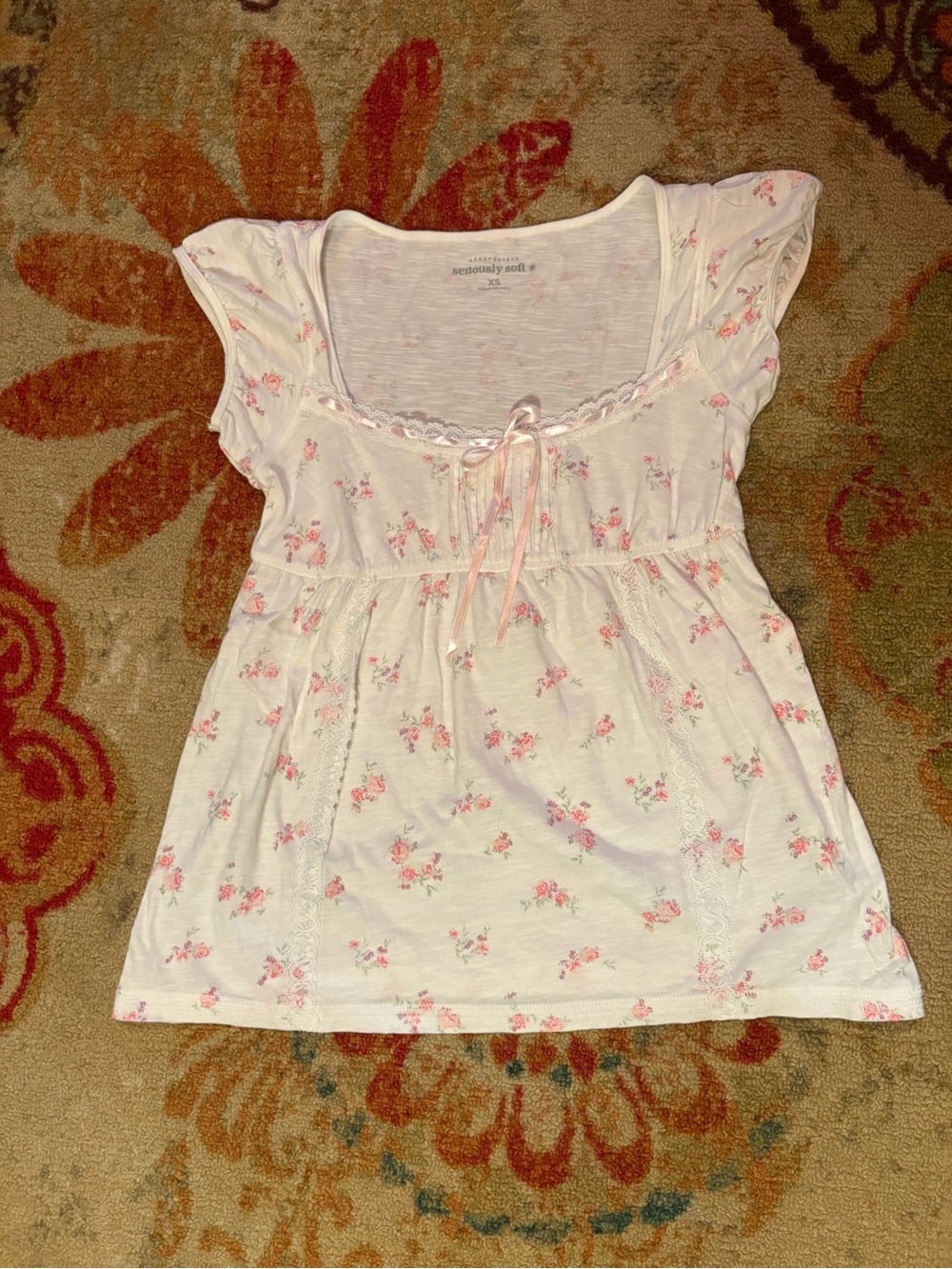 Aeropostale White Short Sleeve Floral Tie-Front Tee